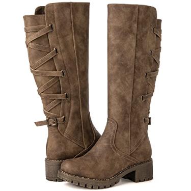 Imagem de GLOBALWIN Botas Femininas De Cano Alto Com Tiras E Para Motocicleta, Montaria Panturrilha Larga, Cadarço Nas Costas, Moda Outono Inverno Mulheres, Marrom, 6 Meses