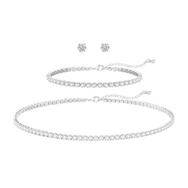 Imagem de A-yeite Colar de tênis banhado a prata e pulseira para mulheres delicados e brilhantes strass gargantilha conjunto de joias para noivas, casamentos, bailes, One Size, Cristal, Sem Pedra Preciosa