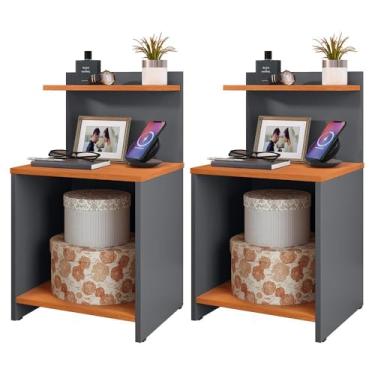 Imagem de Kit 2 Mesas de Cabeceira Quarto Lateral c/Nicho Decorativo com Prateleira Suspensa para Cama - Loja Inova BR (Cinza/Cinam.)