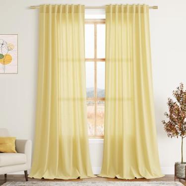 Imagem de Cortinas de linho amarelo 254 cm de comprimento para quarto com aba traseira, filtro de luz, privacidade, cortinas amarelas transparentes, decoração costeira, moderna, decoração costeira, cortina