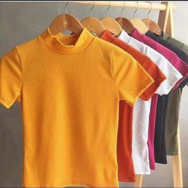 Imagem de blusa feminina canelada gola alta manga curta básica moda menina - Fil