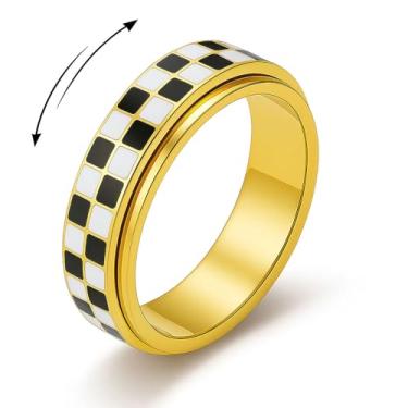 Imagem de TACBSP Anel Fidget Xadrez para Adultos Giratório Anel Giratório de Aço Inoxidável para Ansiedade e Alívio de Estresse Presentes para Mulheres e Homens (Anel Xadrez_Ouro, Tamanho 6)