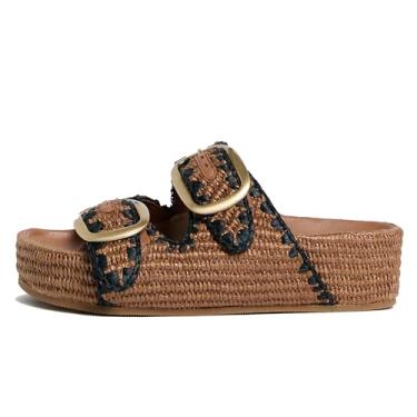 Imagem de Arqa Sandálias plataforma ráfia para mulheres, bico aberto, palmilha de palha natural, deslizante, confortável, casual, ajustável, tira de fivela, tecido plano, sandália de verão, praia, salto cunha