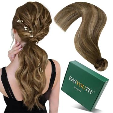 Imagem de Easyouth Rabo de Cavalo Extensão Cabelo Humano Balayge Extensões de Cabelo Rabo de Cavalo Cabelo Humano Real Castanho Escuro Destaques Mel Loiro Rabos de Cavalo Extensões de Cabelo Ombre 14" 70G