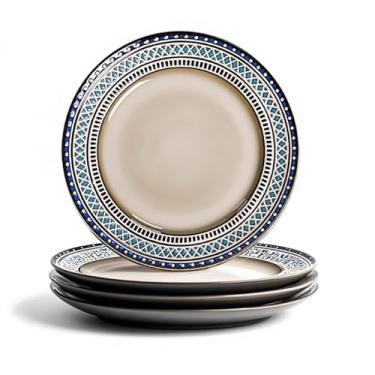 Imagem de Conjunto de 4 pratos de jantar de cerâmica, pratos redondos de porcelana com design de ponto redondo azul boêmio, prato de cerâmica para bife, salada, macarrão, sobremesa, perfeito para festa