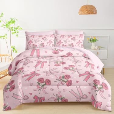 Imagem de QOOMO Jogo de cama casal com laço rosa, 7 peças, para crianças e adolescentes, inclui 1 edredom, 1 lençol com elástico, 1 lençol de cima, 2 fronhas estampadas e 2 fronhas rosa claro