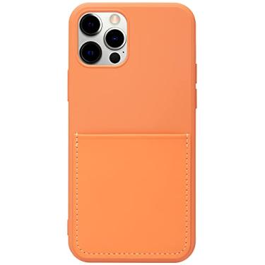 Imagem de Stephanie Imports Capa de telefone de silicone forrada de feltro pêssego laranja com bolso frontal costurado para iPhone 12 Pro Max + protetor de tela de vidro temperado