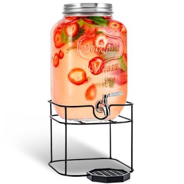 Imagem de Dispensador de bebidas de vidro de 7,5 litros com Spigot de aço inoxidável no suporte de metal - Dispensador de pote decorativo de maçom para chá de sol, chá gelado ou kombucha