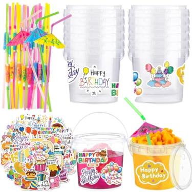 Imagem de 20 conjuntos de baldes de sorvete com tampas e alças baldes de rum transparentes a granel com 50 adesivos, 20 canudos, recipientes reutilizáveis de armazenamento de alimentos para festas