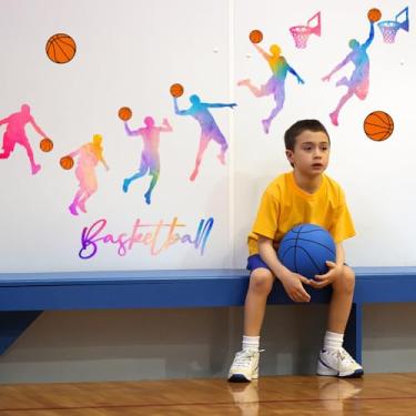Imagem de SUPERDANT Adesivos de parede para tiro de basquete, decalque de parede de basquete, decalque de parede de vinil esportivo, decoração de arte em aquarela, murais de arte para quarto de meninos, quarto
