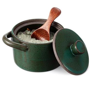 Imagem de Honeydak Saleiro de cerâmica salpicada com tampa e colher de madeira, suporte rústico de adega de sal e pimenta para presente de inauguração de casa, pote de especiarias pesado para kosher, mar