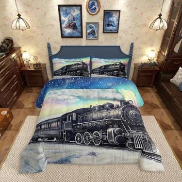 Imagem de Erosebridal Conjunto de cama queen com trem aurora, trem a vapor ferroviário, para crianças, meninos, meninas, veículo de transporte, para inverno, neve, 3 peças, decoração de quarto