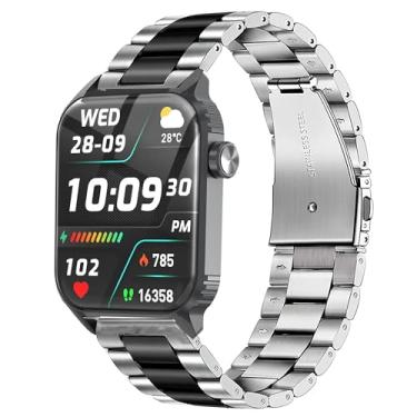 Imagem de Compatível com pulseiras TRAUSI para relógios inteligentes, pulseiras de substituição de aço inoxidável de liberação rápida compatíveis com relógios inteligentes TRAUSI TG08 de 4,6 cm HD (prata-preta