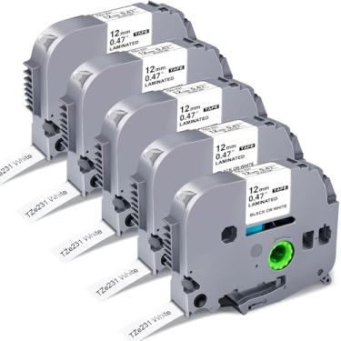 Imagem de Pacote com 5 peças de substituição para fita de etiqueta P Touch TZe TZ 12 mm 0,47 branco laminado TZe-231 TZe231 fita adesiva compatível com P Touch Label Maker PT-D210 PT-D220 PT-H110 PT-D610BT