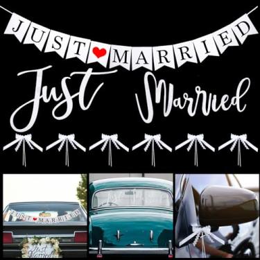 Imagem de NICENEEDED Decoração de carro Just Married, adesivos e faixas recém casados, laço frontal de carro de casamento, decalques de janela automotivos de casamento reutilizáveis para lua de mel