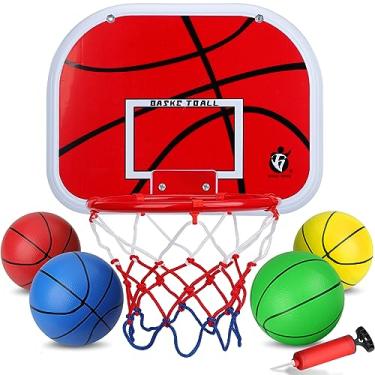 Imagem de Conjunto de mini cesta de basquete interna para crianças, suporte na parede, cesta de basquete sobre a porta com 4 pequenas bolas de basquete, tabela, aro de metal, gol esportivo, festa, atividades