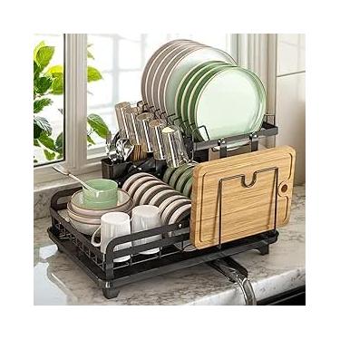 Imagem de DF Escorredor de Louça com Bandeja, Escorredor de Pratos com Porta-copos, Escorredors Louça Integrado Sem Necessidade de Instalação, com Suporte para Talheres e Slot para Facas, Preto