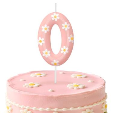 Imagem de Velas de aniversário rosa número 0, enfeite de bolo com tema de margarida para meninos e meninas, decorações de aniversário, suprimentos de festa, velas numéricas para decoração de festa