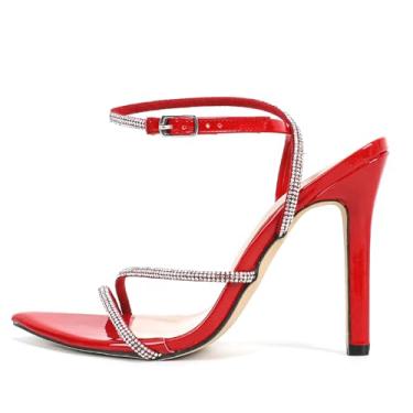 Imagem de FIFILAPIN Sandálias femininas stiletto com tira de strass com fivela no tornozelo, bico fino, bico aberto, antiderrapante, sandálias formais de salto alto para festa, noite, casamento, Vermelho, 38