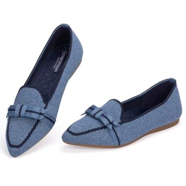 Imagem de BEJINASH Mocassim feminino casual de tecido de malha leve e elegante, lavável, elegante, bico fino, cadarço com laço, sapatos de balé confortáveis para mulheres, perfeitos para o dia a dia, Azul