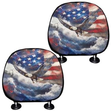 Imagem de Finagallathe Conjunto de 2 capas de encosto de cabeça para assento de carro com bandeira americana águia, almofadas protetoras de poliéster para todos os carros, acessórios automotivos
