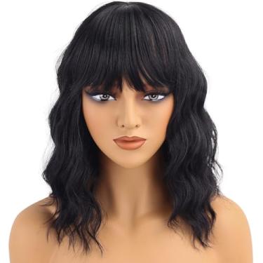 Imagem de Peruca curta preta ondulada com franja preta encaracolada ondulada para mulheres peruca sintética na altura do ombro peruca resistente ao calor para uso diário em festas