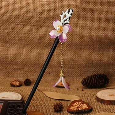 Imagem de Gancho de cabelo de madeira vintage, estilo chinês, flor enrolada, gancho de cabelo com borla, grampo de cabelo clássico para senhora