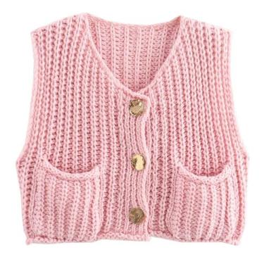 Imagem de Colete feminino Flygo Chunky Crochet Button, rosa 2024