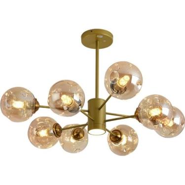 Imagem de Lustre de vidro dourado, lustre de teto com holofote LED, luminária pendente moderna em formato de bola preta e âmbar para sala de estar, sala de jantar, cozinha, quarto, 8 luzes âmbar