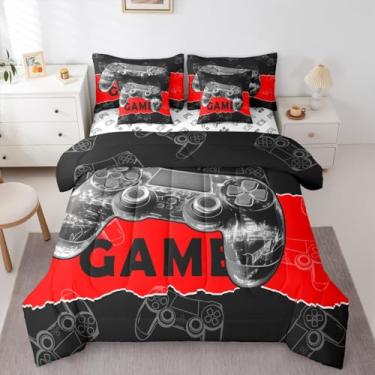 Imagem de Conjunto de edredom infantil para meninos, 7 peças, tamanho Queen, com estampa de console de videogame, reversível, cinza, gamepad 3D, vermelho e preto, com edredom, lençol e fronha