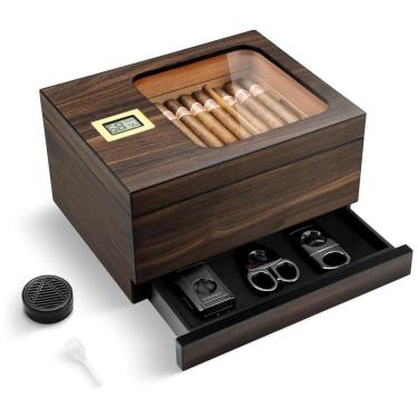 Imagem de Umidor de Charutos OTAKOKIT com Tampo de Vidro, Gaveta, Higrômetro, Bandeja e Divisor de Cedro, para 30-55 Charutos