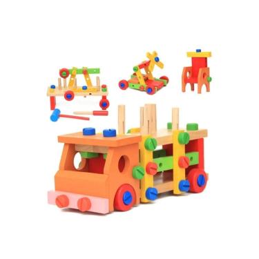 Imagem de Caminhão de madeira de brinquedo Montessori multifuncional para crianças de 3 anos ou mais
