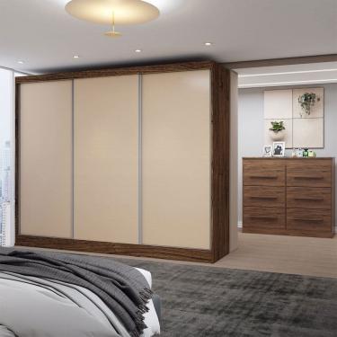 Imagem de Guarda-Roupa Casal Europa 3 Portas 10 Gavetas 100% Mdf Castanho/Nude - Panorama Móveis