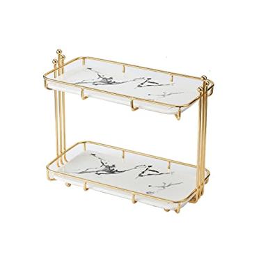 Imagem de Suporte de bolo retangular para cupcake mesa de sobremesa de cerâmica europeia com suporte de metal suporte de exibição de bolo de duas camadas bandeja decorativa de confeitaria torre de cupcake (uma