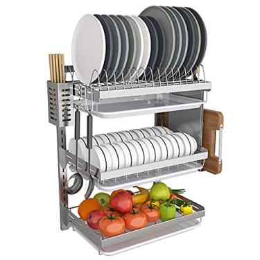 Imagem de Escorredor de pratos com bandeja coletora montada na parede 3 camadas de aço inoxidável escorredor de pratos rack de armazenamento de talheres de cozinha com dreno 40,64 cm