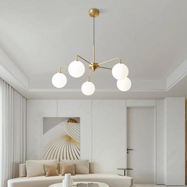 Imagem de YQSLQZZ Lustre de satélite artificial de 5 luzes, luminária pendente decorativa de teto moderno, luzes de teto semi-embutidas com altura ajustável, para quarto e sala de estar