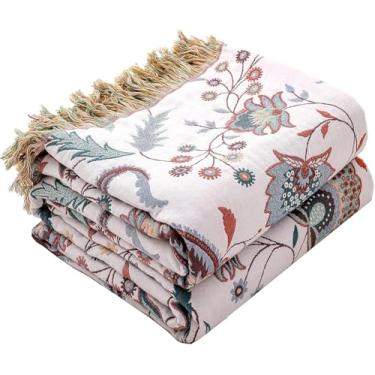 Imagem de Cobertor Boho para cama, 100% algodão ultra macio, respirável, estampa floral, decoração de casa de fazenda, mantas de cama rústicas para sofá, colcha de flores brancas 228 x 248 cm