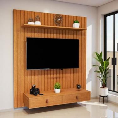 Imagem de Painel Para TV 50 polegadas Ripado 120cm Rack Suspenso Puxadores Couro