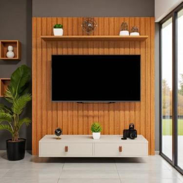 Imagem de Painel Para TV 50 polegadas Ripado 120cm Rack Suspenso Puxadores Couro