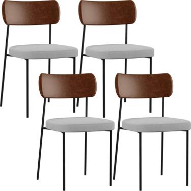 Imagem de Kit 04 Cadeiras Para Sala De Jantar Melina L02 Couríssimo Marrom Linho Cinza - Lyam Decor