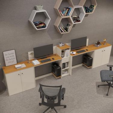 Imagem de Conjunto De Escritório Tech 1 Livreiro 2 Buffet E 2 Mesas 90 - Off White E Cedro Off White E Cedro