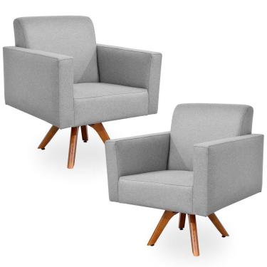 Imagem de Kit 2 Poltrona Decorativa Giratória Sala Estar Base Madeira Helô L02 Linho Cinza Escuro - Lyam Decor