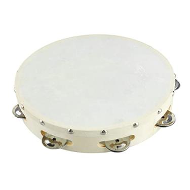 Imagem de Instrumento profissional de percussão manual de tambor pandeiro de 25,4 cm com som quente e claro para crianças, adultos, apresentação, música, educação infantil, moldura de madeira, borda branca