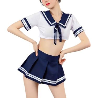 Imagem de Aucute Conjunto de lingerie feminina de cosplay para meninas, mini marinheiro, fantasia de Halloween, Azul marinho - branco, XS/S