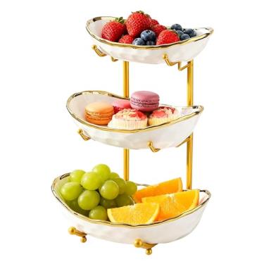 Imagem de Tigela de frutas de 3 camadas para balcão de cozinha, cesta de frutas de cerâmica com suporte de metal, bandeja de servir para lanches, nozes, bolos, sobremesas, pão, armazenamento de doces para festa