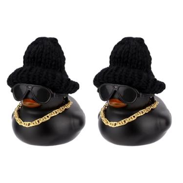 Imagem de 2un Patos Borracha Pretos, Patos Borracha Legais com Chapéu Malha Óculos de Sol e Colar Acessórios Engraçados para Painel Carro