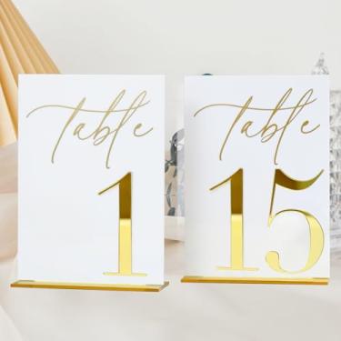 Imagem de Números de mesa de casamento de acrílico 1-15 com suportes, placas de acrílico brancas de 12,7 x 17,8 cm com números espelhados dourados 3D, números de mesa 3D brancos e dourados para recepção de