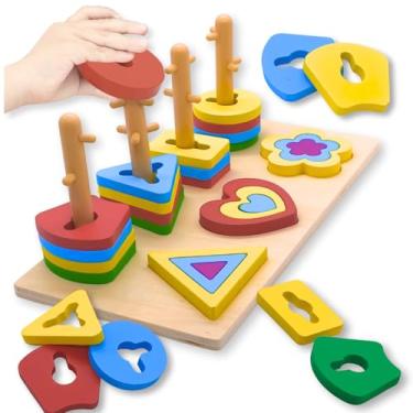 Imagem de Brinquedo Educativo de Madeira Infantil 3+, Encaixe de Formas e Tabuleiro de Contagem – Estimula Coordenação Motora, Cores, Números e Raciocínio Lógico – Opções Columns e Matchboard (Two in One)
