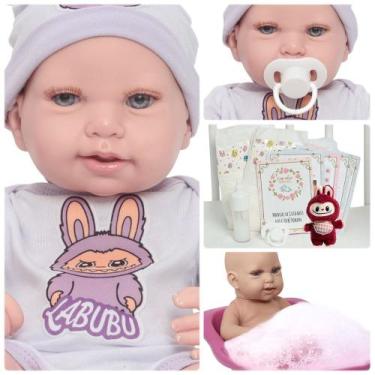 Imagem de Boneca Bebê Reborn Menina Olhos Azuis Pelúcia Acessórios - Cegonha Reb