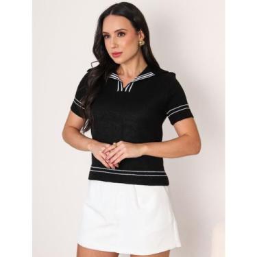 Imagem de Blusa Polo Camiseta Feminina Listrada Tricô Tricot Linda e Elegante Mo